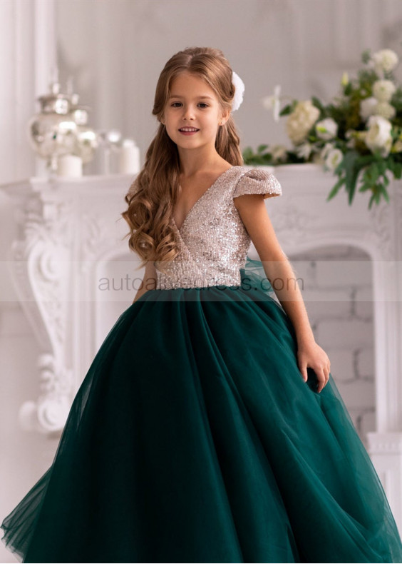 V Neck Gold Sequin Emerald Tulle Flower Girl Dress